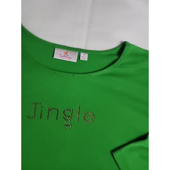 HTF Quaker Factory Shirt Women 3XL Green Jingle Christmas Studded Bling Top - Picture 2 of 3